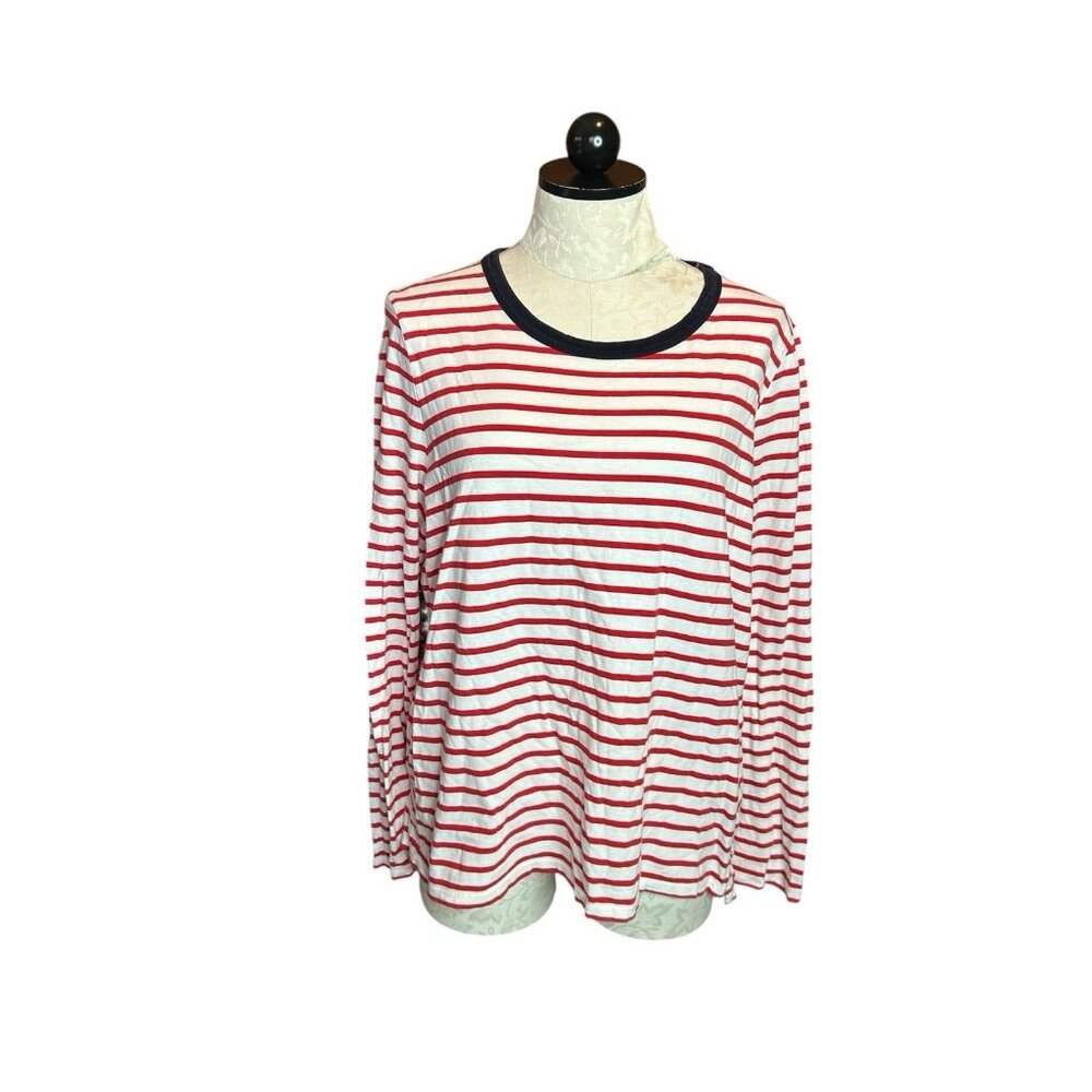Boden Top Long Sleeve‎ Stretch Knit Red & White Striped Navy Neckline US 12
